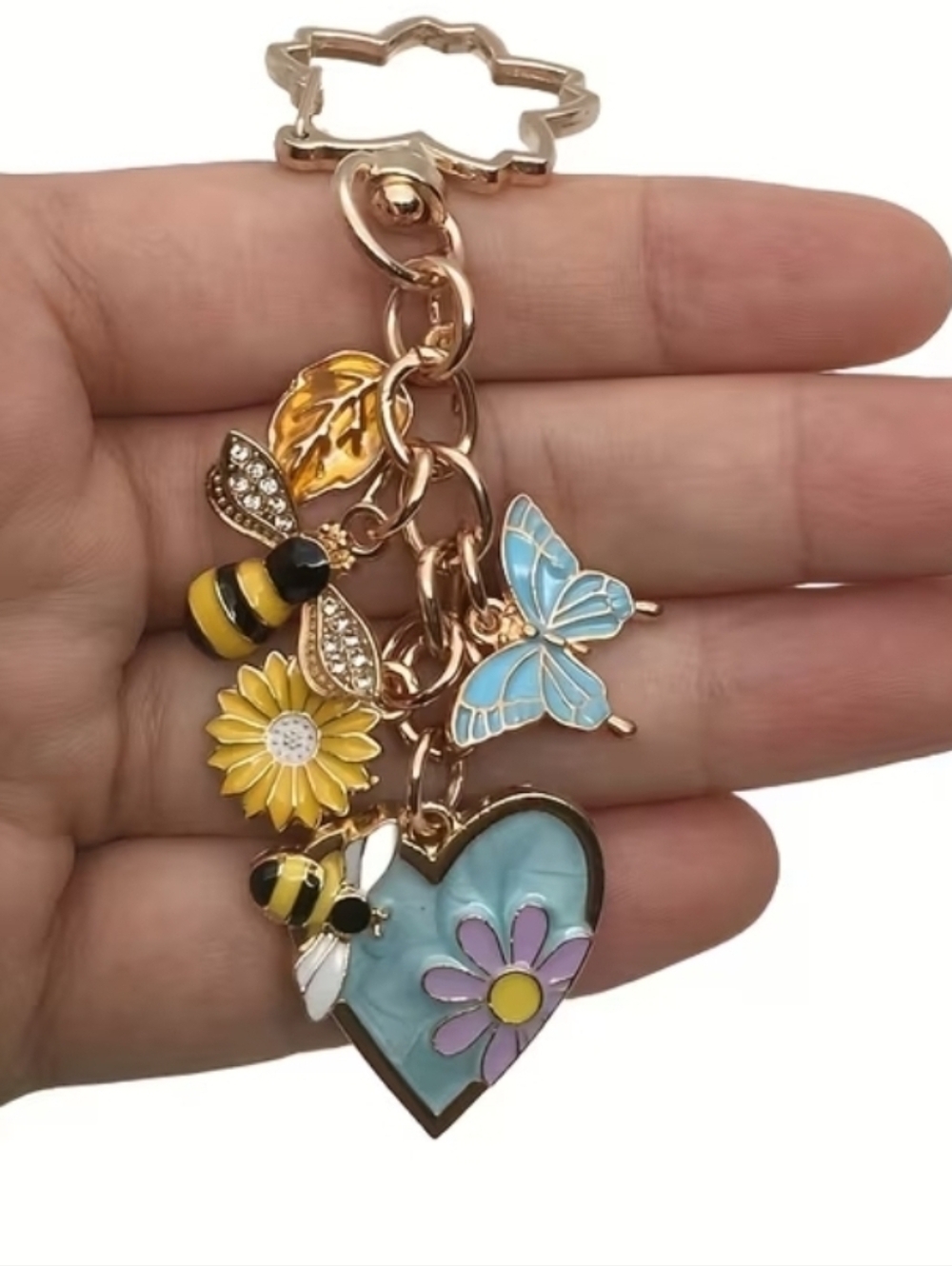 HANDMADE SUMMER THEME KEYCHAIN BEES BUTTERFLY FLOWER BAG ACCESSORY PINK OR BLUE - Picture 2 of 4